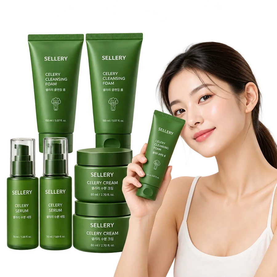 Square result — model holding cleansing foam, with foam, serum and cream cutouts stacked on the left · Product images